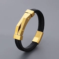 Men's braided black leather bracelet with a polished gold stainless steel geometric clasp - 19cm / Style A Gold (KB166227-KFC)