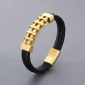 Bracelet pour homme en cuir tressé avec boucle dorée et cristaux noirs et dorés élégants - 19cm / Style d'Échelle Industrielle-Or (Style A Or KB166255-KFC)