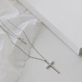 Minimalist double layer silver cross necklace in polished stainless steel for women - Double Layer Cross / Silver