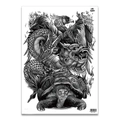 WH-008 Black and white temporary tattoo sticker featuring dragon and phoenix mythical beasts - WH-008 Four Oriental Divine Beasts / 34x48cm (1 Piece)