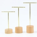 3-piece set of gold metal T-bar earring displays with cylindrical wooden bases - 2-Hole Round Base 3pcs Set: Gold