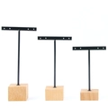 3-piece black metal T-bar earring display stand set with natural wooden bases - 4-Hole Square Base 3pcs Set: Black