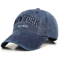 Vintage navy blue washed cotton baseball cap with New York embroidery in 45-degree view - M / Navy Blue