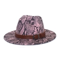 Cappello fedora rosa con stampa serpente a tesa larga e cintura in ecopelle marrone - M(56-58cm) / Rosa