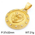 Colgante de cabeza de león dorado con 12 cristales blancos y patrón de greca griega - Colgante de Cabeza de León Redondo Dorado con Greca Griega (Sin Cadena) (KP130480-MZOZ)