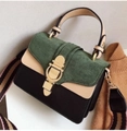 Three-color patchwork square crossbody bag in green, beige and black with gold buckle - Green