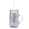 Double-walled plastic Mason jar with silver glitter sequins, handle and straw - Transparent Glitter Silver
