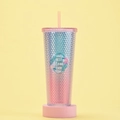 Close-up of pink and blue gradient studded tumbler with BEST MOM EVER text and floral design - Blue-Pink Gradient