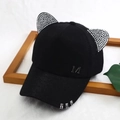 Detail of black baseball cap with rhinestone cat ears, metal rings and M logo - Adult, Adjustable / Black