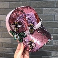 Close-up of pink sequin baseball cap featuring handmade bee and butterfly beadwork - Adult Size (Adjustable) / Pink