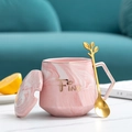 Pink marble ceramic mug with gold leaf spoon and lid for couples or office gift set - Fine Pink Diamond Mug with Spoon and Lid