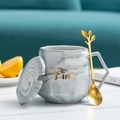 Nordic ceramic marble mug set with golden leaf spoon and lid for couples - Fine Grey Diamond Mug with Spoon and Lid