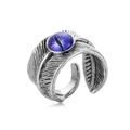 Macro detail of vintage silver feather ring with a purple eye gemstone and retro texture - Feather & Eye Style (R-68)