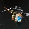 Iridescent blue 24k gold foil rose flower with golden stem on black marble base - Rainbow Gold Foil Rose - Blue Heart