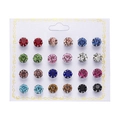 Detailed close-up of 12 pairs colorful crystal stud earrings set on a white card display - 12 Pairs Colorful Round Balls