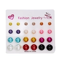 Detailed view of 12 pairs multi-colored pearl stud earring set on display card - 12 Pairs Multicolor Faux Pearl Studs