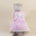 Pink pet floral dress with oversized white organza bow and delicate lace trim for cats - XS / Chanel Style Pink Formal Gown with Headpiece