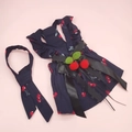 Détail de la robe pour animaux bleu foncé avec motifs cerises et pompons rouges en relief - XS / Robe cerise bleue + cravate / Bleu