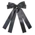 Detailed view of the layered black satin bow hairclip with long flowing ribbons - Black