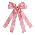 Detailed view of pink double-layered satin ribbon bow hairpin with long hanging streamers - Dusty Pink