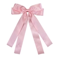 Detailed close-up of pink silk satin double bow hair clip with elegant long ribbon streamers - Pink