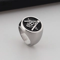 Vintage silver stainless steel Masonic ring with black enamel G symbol and skull detailing - US 10 / Silver Circular Signet Style (KR39449-OT)