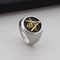 Vintage stainless steel Freemason signet ring with gold-tone G compass and black inlay - Silver Gold Two-Tone Round Style (KR39450-OT)