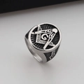 Vintage silver stainless steel Freemasonry ring with black oxidation and G logo - Silver Distressed Non-Slip Style (KR53747-LU)