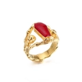 Gothik-Ring mit goldenen Skeletthänden und rotem Edelstein in Sargform im Punk-Stil - US 9 / Gold