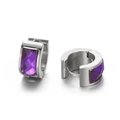 Silver stainless steel hoop earrings featuring rectangular purple faceted gemstones - Steel Purple (KE108279-TGD)