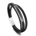 Pulsera multicapa de cuero negro para hombre con cierre magnético de plata cepillada - Estilo Color Acero (KB163204-YY)