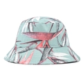 Dettaglio dei motivi a foglie tropicali e trama in cotone su un cappello a secchiello turchese - M (56-58cm) / Stile Foglie Tropicali Fondo Ciano Chiaro (Chinese Style Reversible 04)