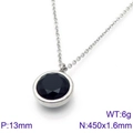 Titanium steel necklace with black round gemstone pendant in a minimalist silver finish - Black Style (KN88732-K)