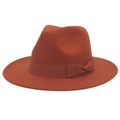 Close-up of rust orange wool felt fedora hat with matching grosgrain ribbon bow detail - M (56-58cm) / Caramel (Bow)