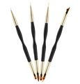 Detailed macro view of 4 professional black nail art brushes with gold metal ferrules - 4 Pcs Set (Gold Copper Tube)