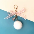 Cute white plush ball keychain with pink lace bow and grey tassel gold hardware - White