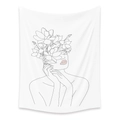 Minimalist black and white line art wall tapestry featuring a floral woman silhouette - SM006 Girl and Flowers
