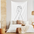 Detailed view of minimalist black line art tapestry on white fabric for bedroom decor - 95x73cm (Brushed) / Holding Hands (Style-2)