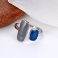 Minimalist S925 sterling silver open ring with blue and grey enamel geometric shapes - US Size 7 Open (Adjustable) / White Gold