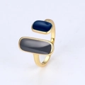 Minimalist S925 sterling silver open ring with blue and grey enamel geometric shapes - US Size 7 Open (Adjustable) / Gold