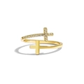 Close-up of golden S925 sterling silver ring featuring a double cross design with small diamonds - US Size 7 Open (Adjustable) / Gold