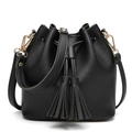 Fashionable black PU leather bucket bag with fringe tassels and gold-tone hardware - Black