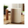 Ceramic coffee mug in cream white with a natural wooden handle on a wooden table - Cylindrical Grey Mug