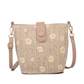 Stroh-Eimertasche mit Gänseblümchen-Print, beigem Lederbesatz und verstellbarem Schultergurt - Khaki