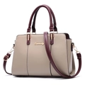 Minimalist beige shoulder bag with burgundy handles and adjustable strap for women - Khaki