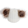 Winter white knit baby hat featuring two fluffy brown faux fur pompoms on a plain background - White Hat
