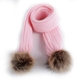 Pink knitted winter scarf with fluffy brown faux fur pom poms for children - Pink Scarf
