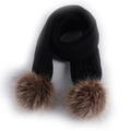 Black knit winter scarf for toddlers featuring two large brown faux fur pom poms - Black Scarf