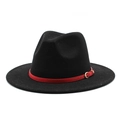 Classic black wool fedora hat with a bold red faux leather band and gold buckle - Black