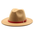Classic camel wool fedora hat featuring a red decorative band with golden buckle - Camel